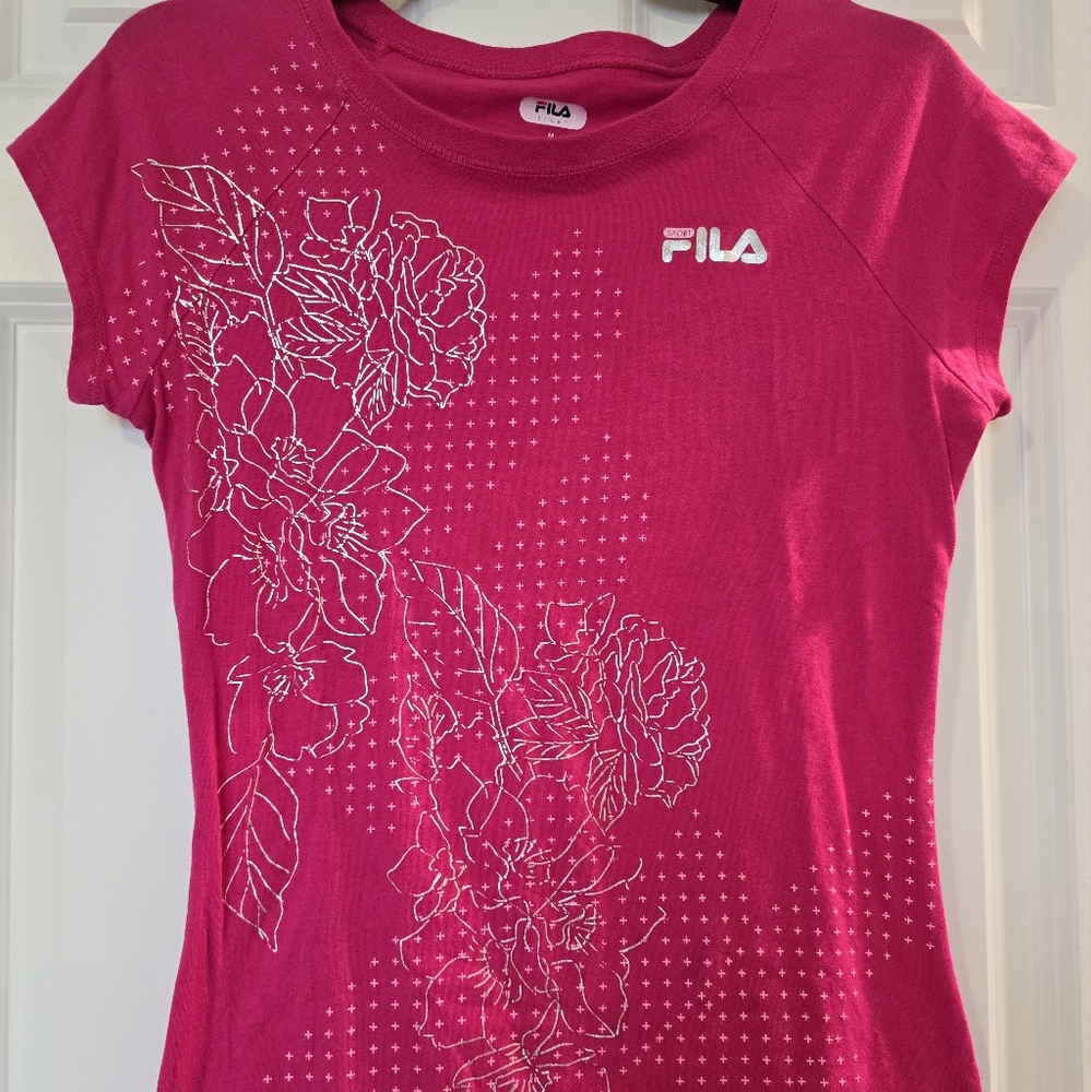 PINK FILA SPORT SHORT SLEEVE SHIRT WITH METALLIC ROSES